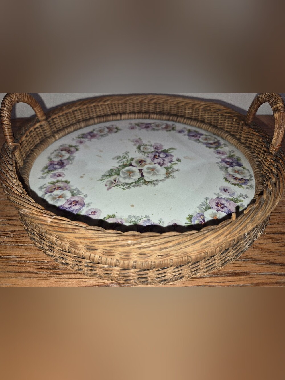 Antique Serving Tray featuring a Porcelain Center Housed In Wicker Basket Frame